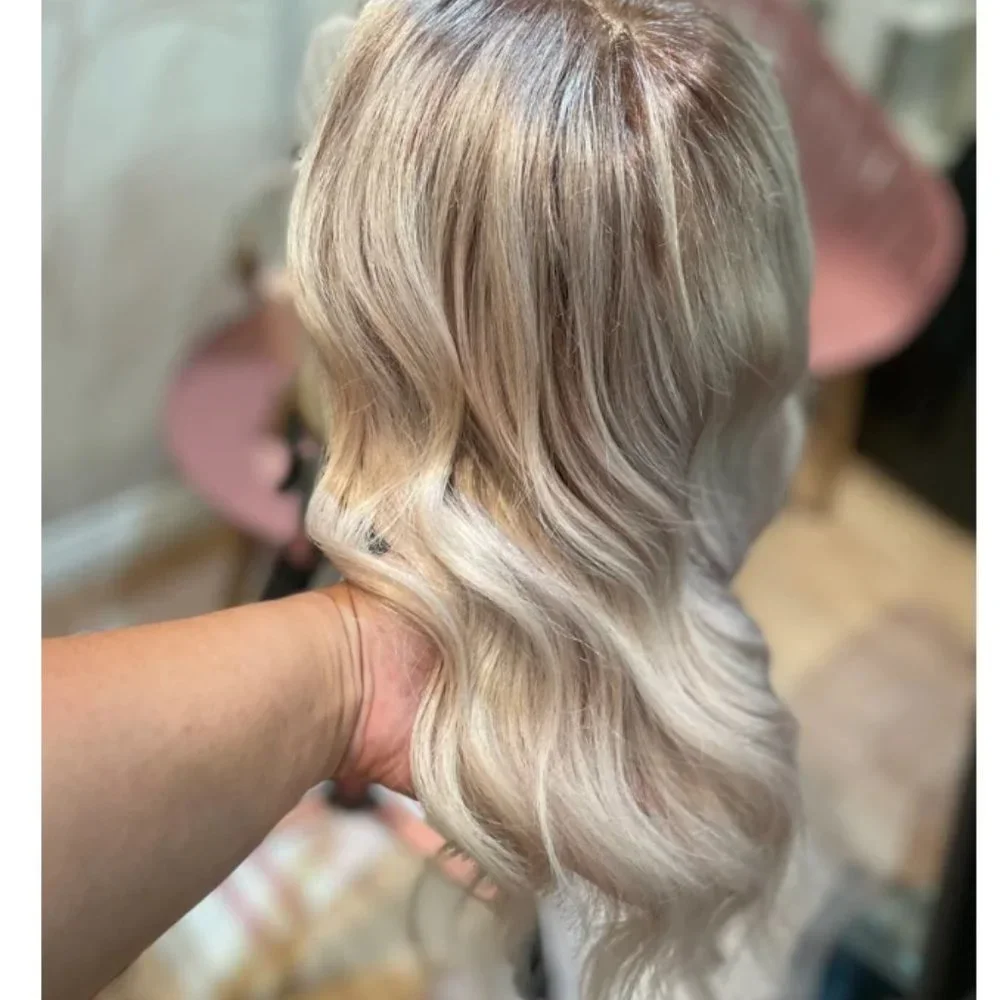 NEW WIG 100% Human Hair Icy Platinum Money Piece & Ashy Blonde Shaded Root